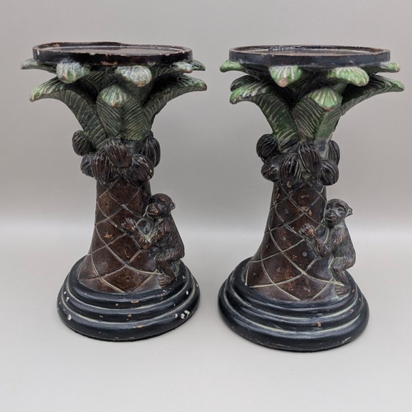 Other - Vintage Style Monkey Palm Tree Coconuts Pillar Candle Stands Holders - Set of 2